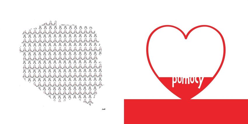 grafika w kształciePolski złozona z ludzi trzymających się za ręce i serduszko wośp z widocznym jedynie napisem pomocy