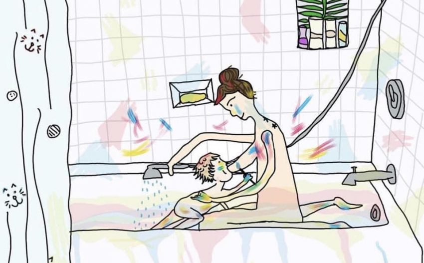 Ilustracja - mama karmi piersią dziecko w wannie