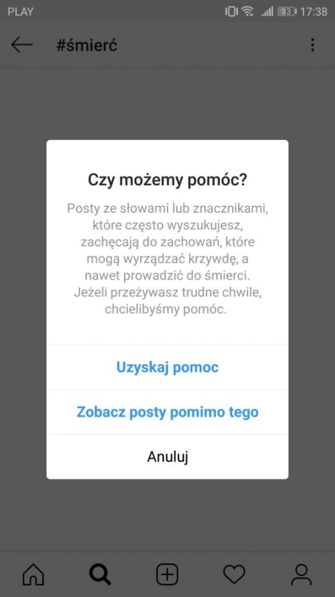 Tekst o działaniach Instagrama przeciw samookaleczaniu użytkowników. Na zdjęciu: Zrzut ekranu telefonu - HelloZdrowie