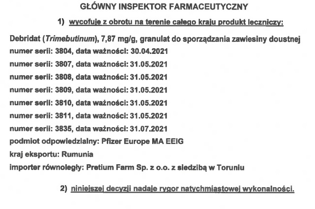 Kolejne serie preparatu stosowanego w leczeniu zaburzeń układu pokarmowego wycofane z obrotu. Powodem możliwa obecność ciała obcego – zdjęcie numer 3 Wycofanie leku Debredit / GIF