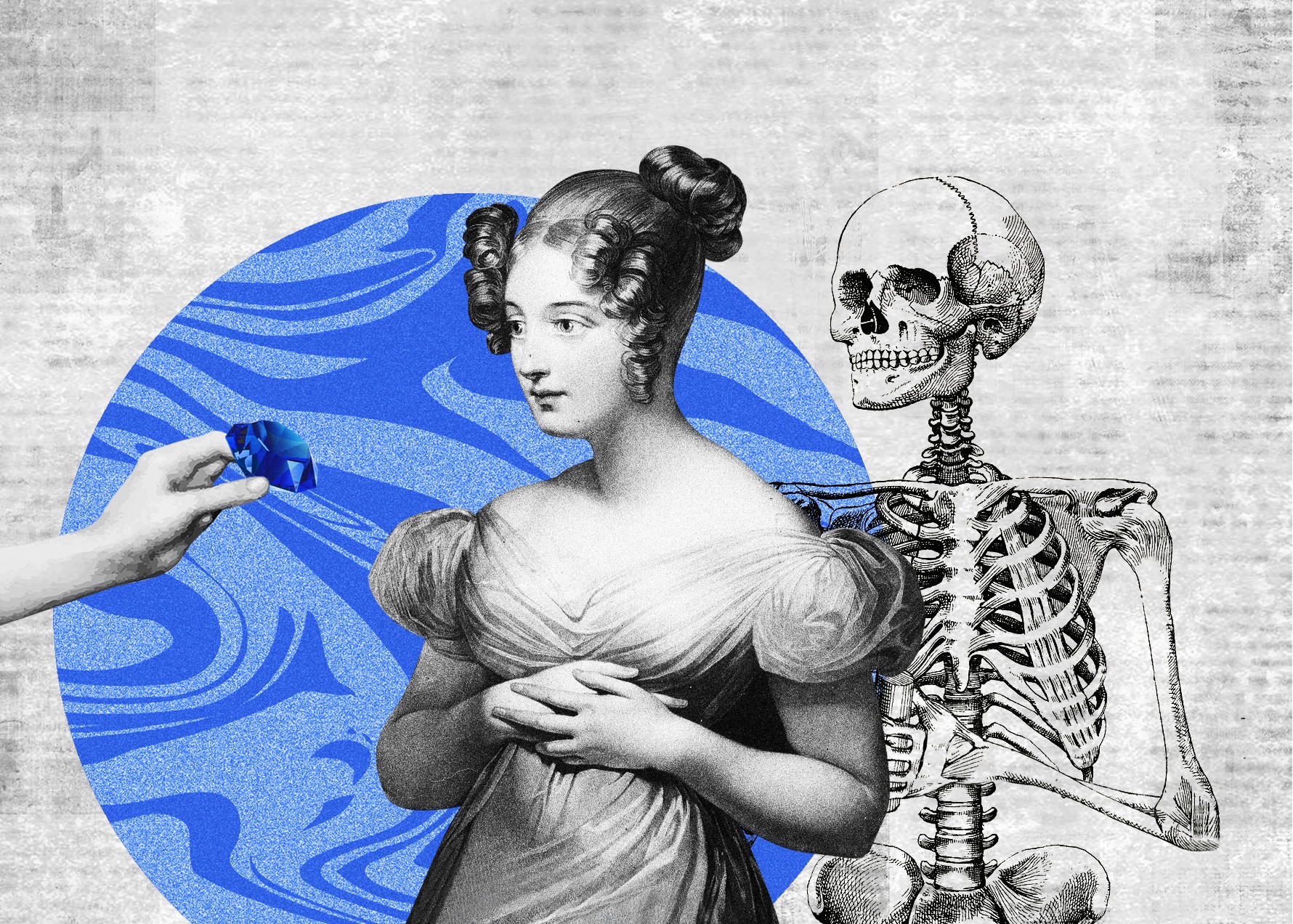 Uważano, że jest karą za zepsucie moralne, chorym upuszczano krew, podawano opium i kamienie szafiru. Jak kiedyś leczono dnę moczanową / ilustracja: Joanna Zduniak (Rawpixel.com, Adobe Stock, Wellcome Collection)