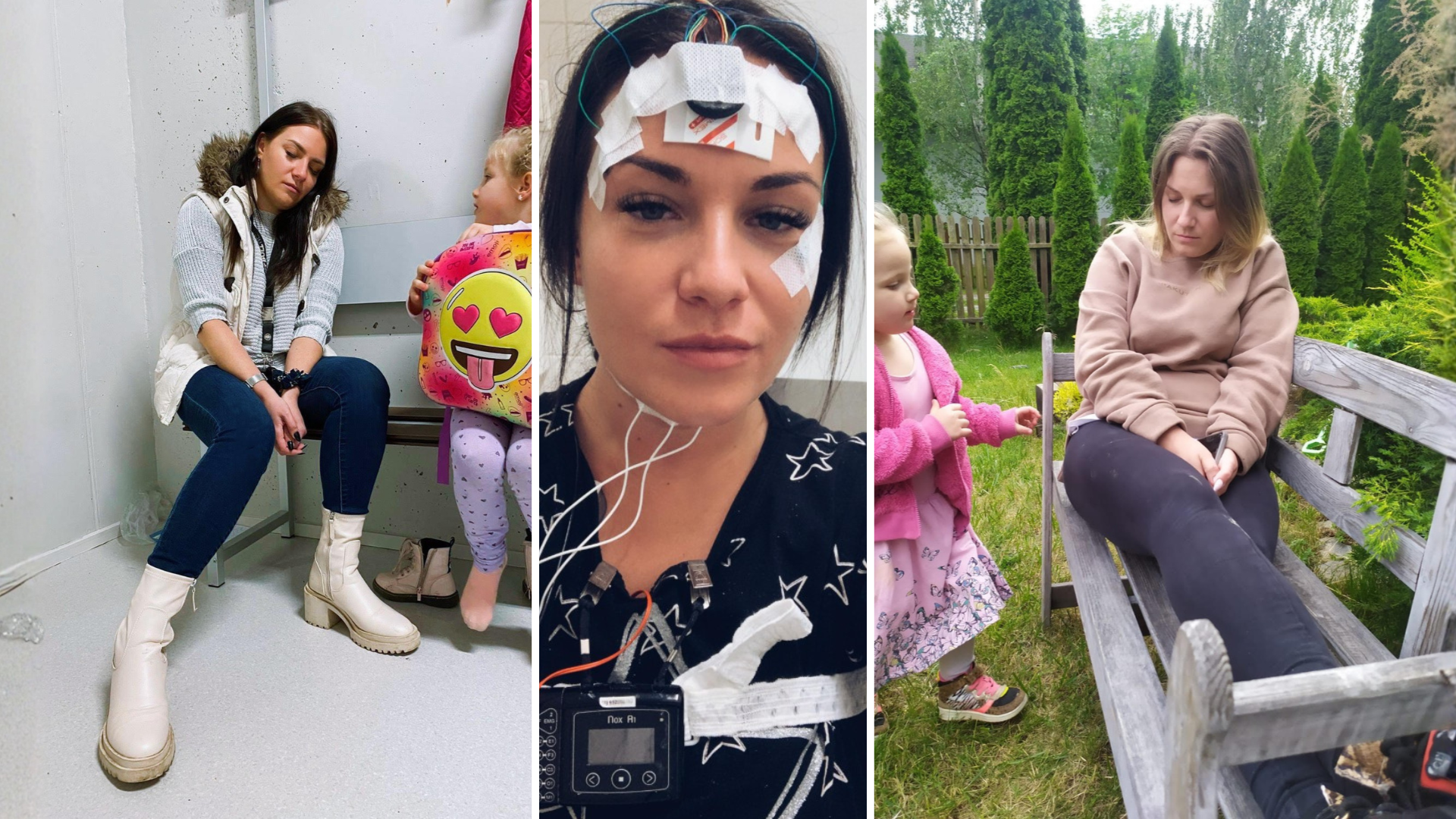 Agata Zadora choruje na narkolepsję - kolaż 3 zdjęć w trakcie snu z dzieckiem i w trakcie leczenia - Hello Zdrowie