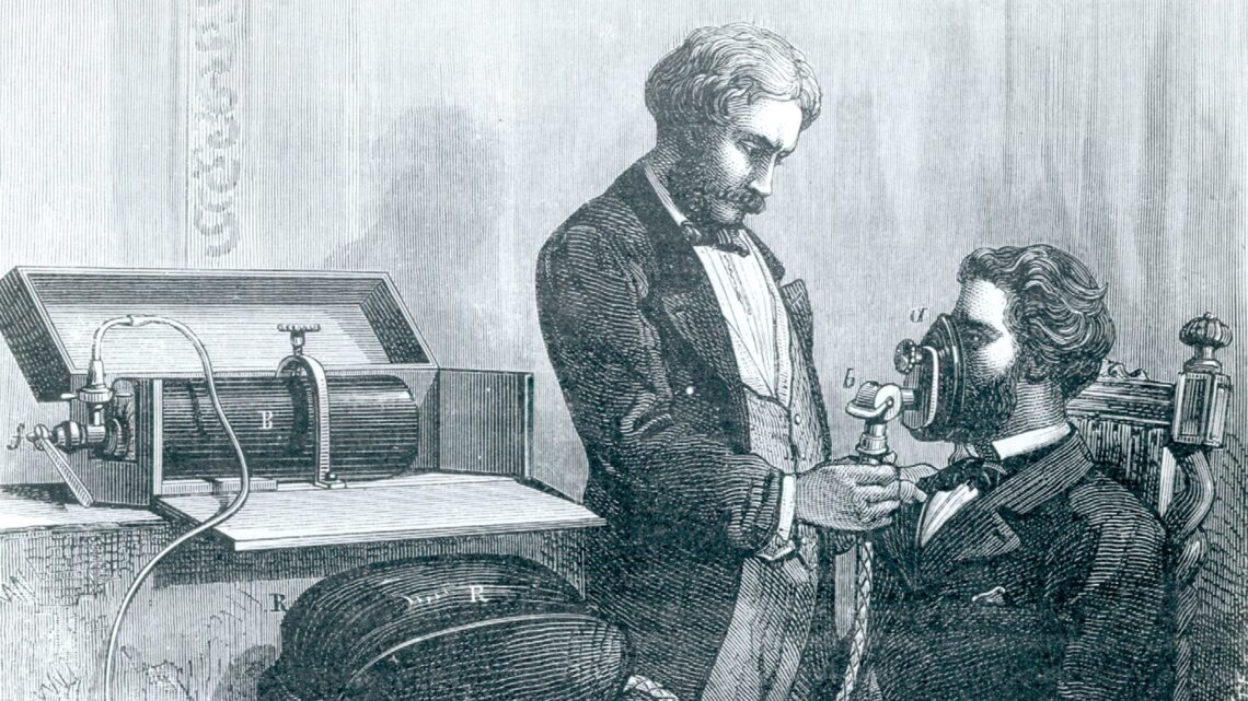 Aparat do podawania pacjentom gazu rozweselającego wyprodukowany w Anglii. La Nature, Paris, 1874 - Hello Zdrowie
